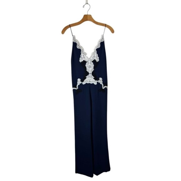 Jonathan Simkhai Jumpsuit Women XS Blue Lace Trim Plunged Neck Wide Leg Cocktail - Picture 1 of 12